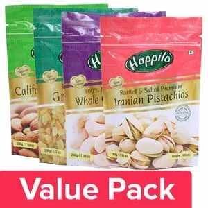 Happilo Almonds 200G + GreenRaisins Seedless 250G + Cashews Whole 200G + Pistachios 200G