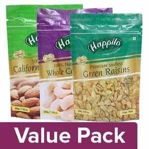 Happilo Almonds + Cashews Whole (100% Natural 200G) + Green Raisins Seedless 250G